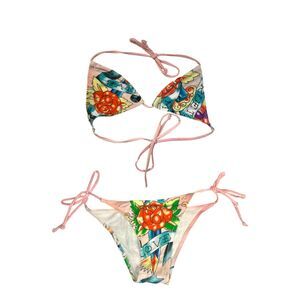 Ed Hardy Vintage 90s Love Floral Tattoo String Triangle Bikini Set Size Small